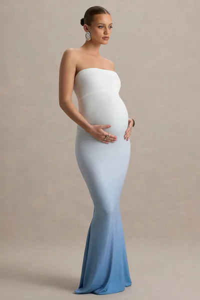 Club L London Sharnie | Blue Ombre Strapless Maternity Maxi Dress