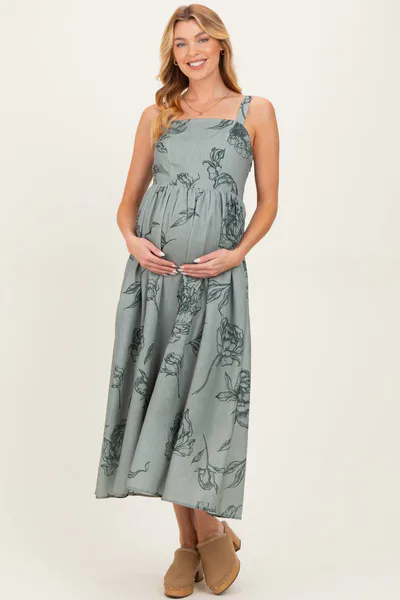 PinkBlush Light Olive Floral Sleeveless Maternity Midi Dress