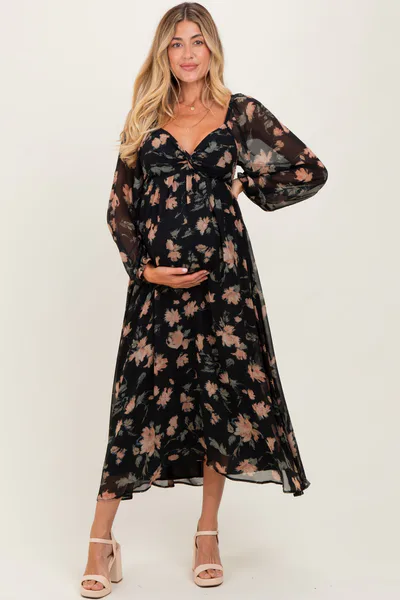 PinkBlush Black/Peach Floral Knotted Bust Chiffon Maternity Midi Dress