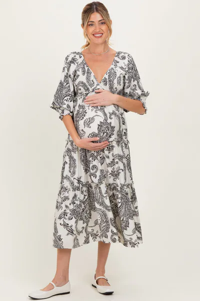 PinkBlush Black Damask Smocked Ruffle Tier Maternity Midi Dresses