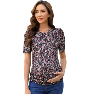 Target Maternity Shirts Casual Floral Print Tops Pregnancy Puff Short Sleeve Striped Ruched Side Tunic Top