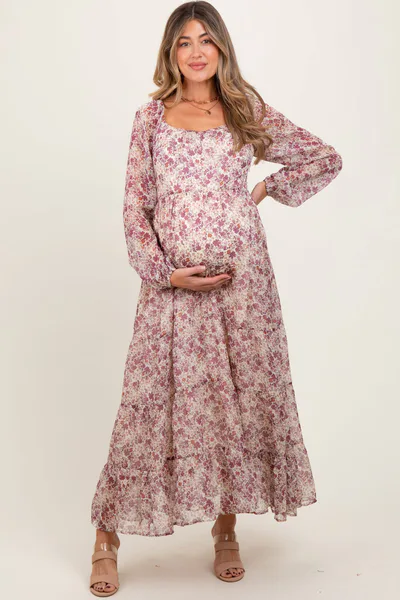 PinkBlush Mauve Floral Floral Chiffon Maternity Maxi Dress