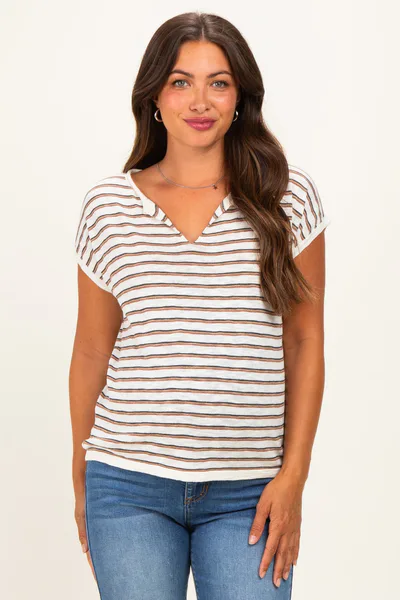 PinkBlush Charcoal Split Neck Striped Knit Maternity Top