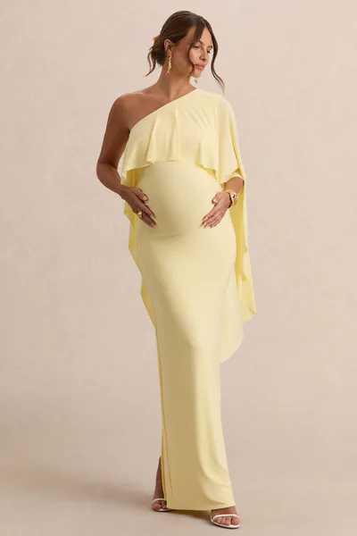 Club L London Cicely | Lemon Asymmetric-Neck Maternity Maxi Dress With Cape Sleeve