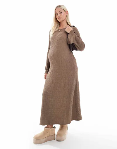 ASOS Mamalicious Maternity textured maxi dress with flared sleeve in taupe