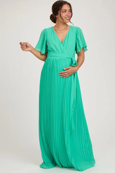 PinkBlush Aqua Chiffon Wrap Front V-Neck Short Sleeve Pleated Maternity Maxi Dress