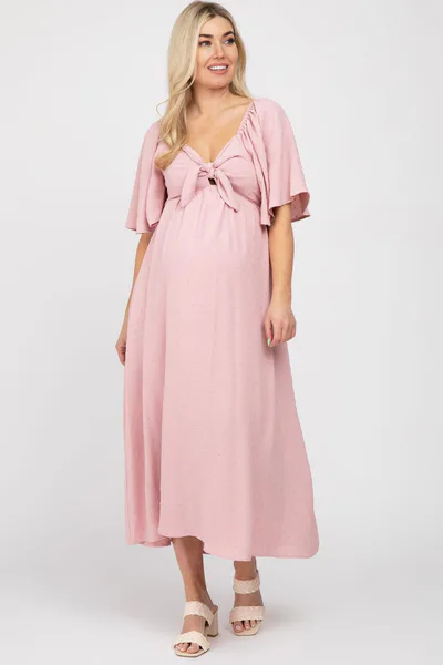 PinkBlush Mauve Textured Dot Front Tie Ruffle Sleeve Maternity Midi Dress