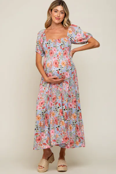 PinkBlush Blue Floral Smocked Square Neck Tiered Maternity Maxi Dress