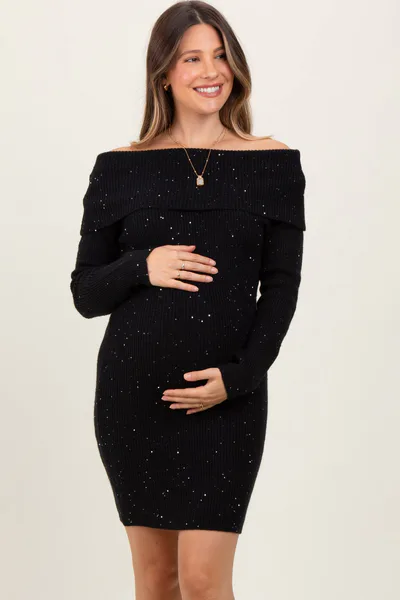 PinkBlush Black Off Shoulder Short Sequin Maternity Sweater Dress