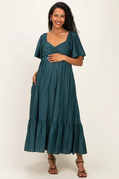 PinkBlush Emerald Flutter Sleeve Ruffle Hem Maternity Midi Dress