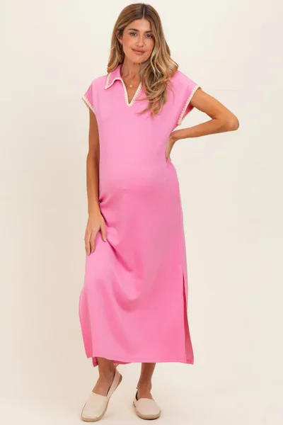 PinkBlush Pink Stitch Detail Collared Maternity Midi Dress