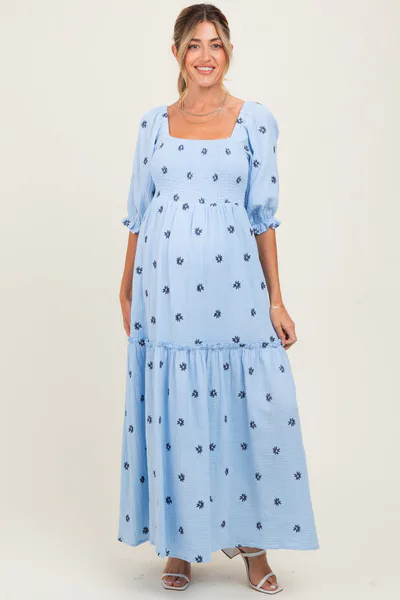 PinkBlush Light Blue Floral Smocked Puff Sleeve Maternity Maxi Dress