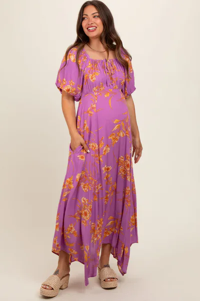 PinkBlush Lavender Floral Puff Sleeve Maternity Maxi Dress