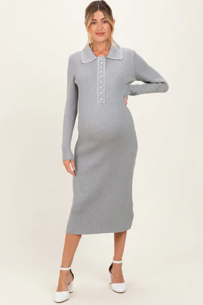 PinkBlush Heather Grey Contrast Stitch Maternity Midi Sweater Dress
