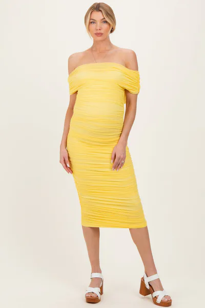 PinkBlush Lemon Ruched Mesh Off Shoulder Maternity Midi Dress
