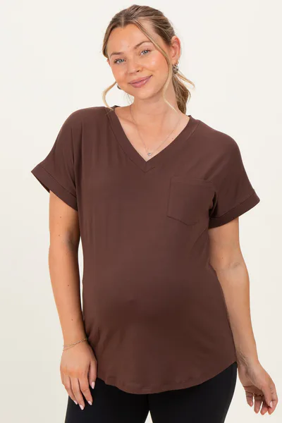 PinkBlush Brown V-Neck Pocket Short Sleeve Maternity Shirt