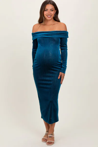 PinkBlush Teal Shiny Velour Off Shoulder Maternity Midi Dress