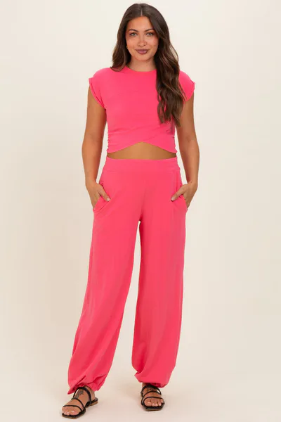 PinkBlush Flamingo Pink Cropped Tank Pant Maternity Set