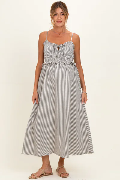 PinkBlush Black Striped Front Tie Cutout Ruffle Maternity Midi Dress