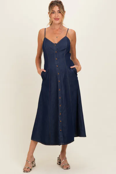 PinkBlush Navy Button-Down Denim Maternity Midi Dress