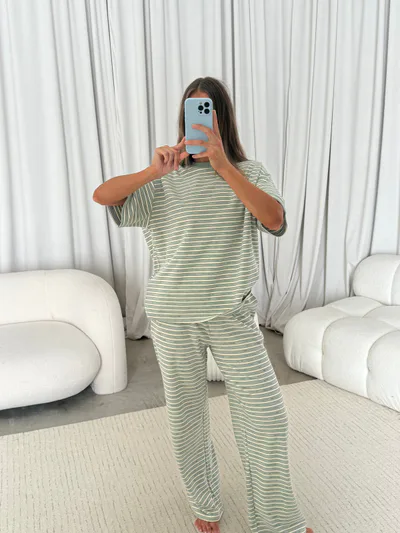 Worth Collective Naomi Striped Fleece Oversized Short Sleeve Top in Sage - Bump Friendly