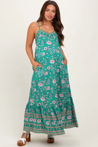 PinkBlush Green Floral Tie Back Maternity Maxi Dress