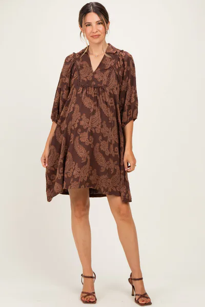 PinkBlush Brown Paisley Puff Sleeve Maternity Dress