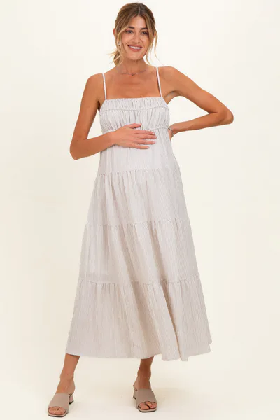 PinkBlush Mocha Striped Empire Waist Tiered Maternity Midi Dress