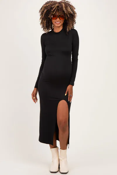 PinkBlush Black Mock Neck Front Slit Long Sleeve Maternity Maxi Dress