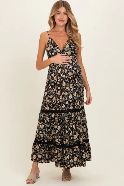PinkBlush Black Floral Twisted Front Lace Detail Maternity Maxi Dress