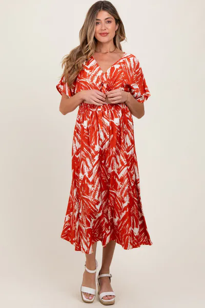 PinkBlush Red Brushstroke Print Cutout Maternity Midi Dress
