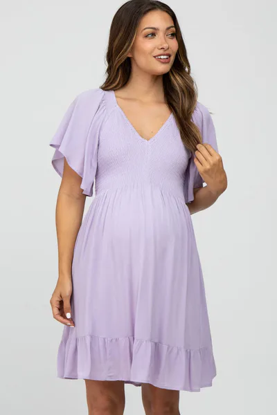 PinkBlush Lavender Smocked Front Ruffle Hem Maternity Dress