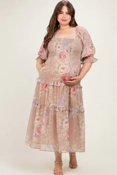 PinkBlush Taupe Floral Smocked Chiffon Tiered Maternity Plus Maxi Dress
