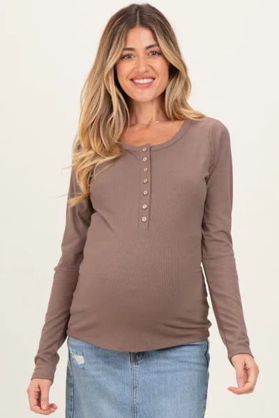 PinkBlush Mocha Solid Ribbed Long Sleeve Button Down Maternity Tunic Top