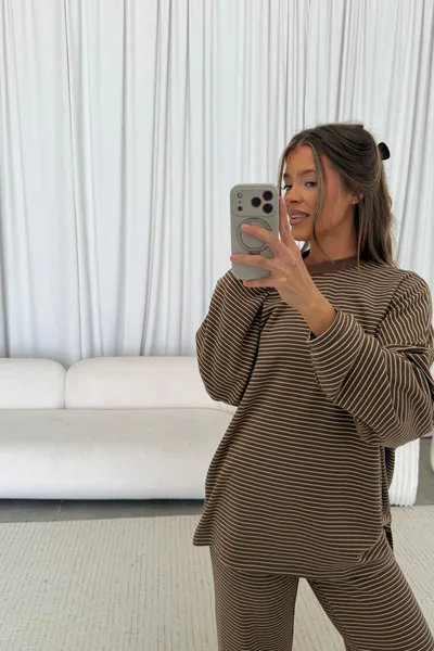 Worth Collective Naomi Striped Oversized Fleece Long Sleeve Top in Dark Mocha - Bump Friendly