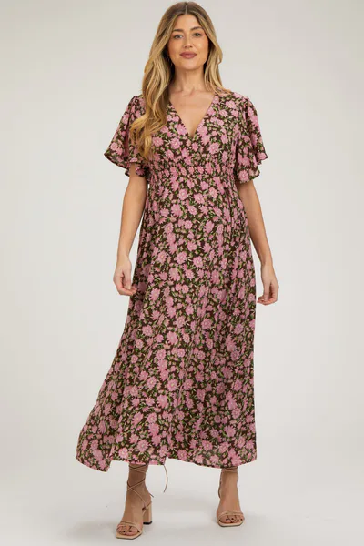 PinkBlush Brown Floral Smocked Waist Maternity Maxi Dress