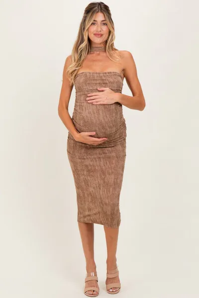 PinkBlush Mocha Brushed Print Ruched Maternity Midi Dress