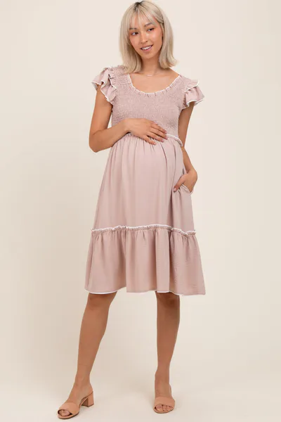 PinkBlush Taupe Solid Ruffle Trim Smocked Maternity Dress