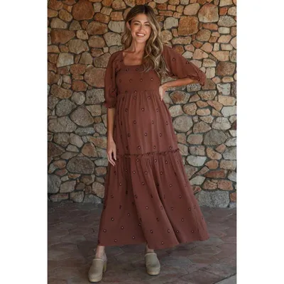 Target Pinkblush Brown Floral Smocked Puff Sleeve Maternity Maxi Dress Large