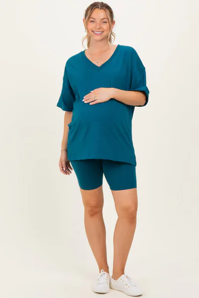 PinkBlush Teal Oversized V-Neck Biker Short Maternity Set
