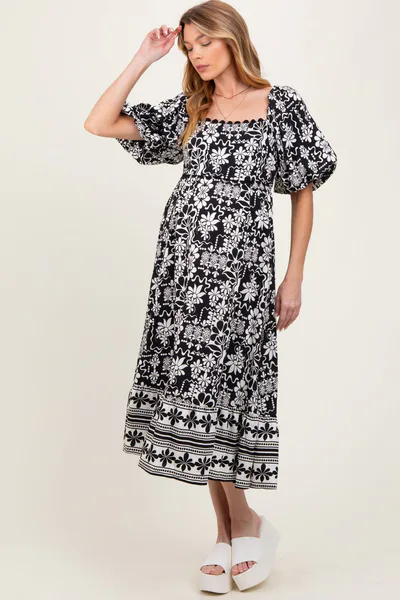 PinkBlush Black Floral Scallop Trim Maternity Midi Dress