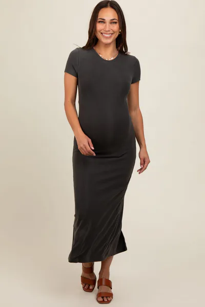 PinkBlush Charcoal Rib Knit Back Slit Maternity Dress