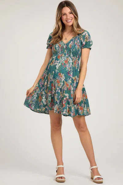 PinkBlush Teal Floral Smocked V-Neck Short Sleeve Maternity Dress