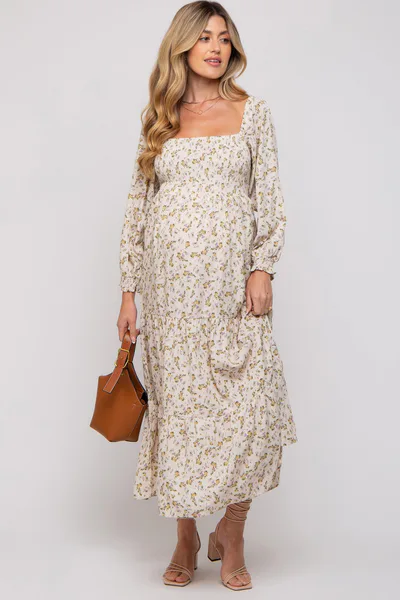 PinkBlush Cream Floral Smocked Long Sleeve Maternity Maxi Dress