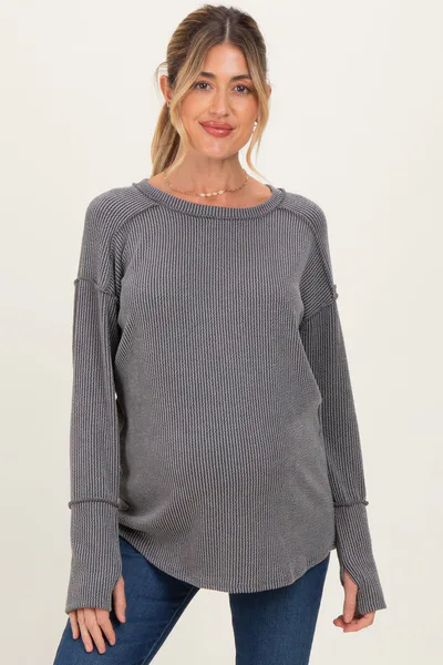 PinkBlush Charcoal Textured Rib Thumb Hole Maternity Long Sleeve Top