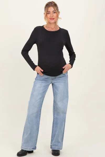 PinkBlush Light Blue Lightly Distressed Maternity Wide Leg Jeans