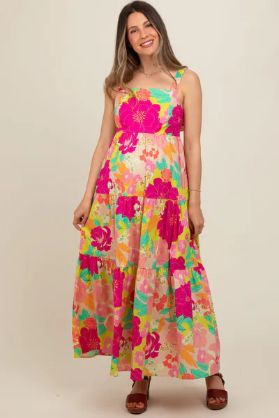 PinkBlush Lime Multi-Color Floral Tiered Cutout Back Maternity Dress