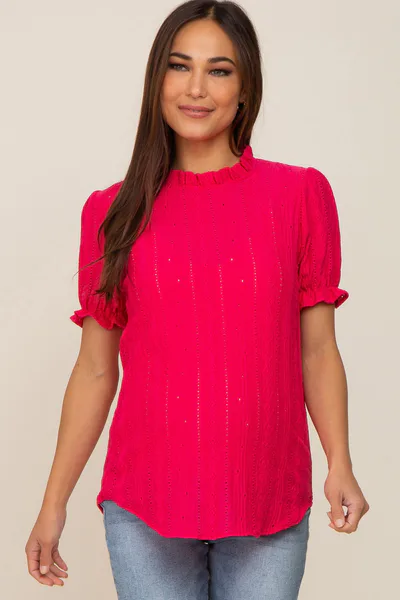 PinkBlush Fuchsia Eyelet Textured Mock Neck Maternity Top