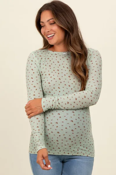 PinkBlush Light Olive Floral Bow Detail Long Sleeve Fitted Maternity Top