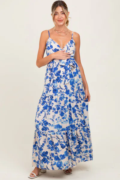 PinkBlush Blue Floral Tiered Sleeveless Sash Tie Maternity Maxi Dress